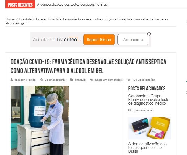 Doação Covid-19 Farmacêutica desenvolve solução antisséptica como alternativa para o álcool em gel