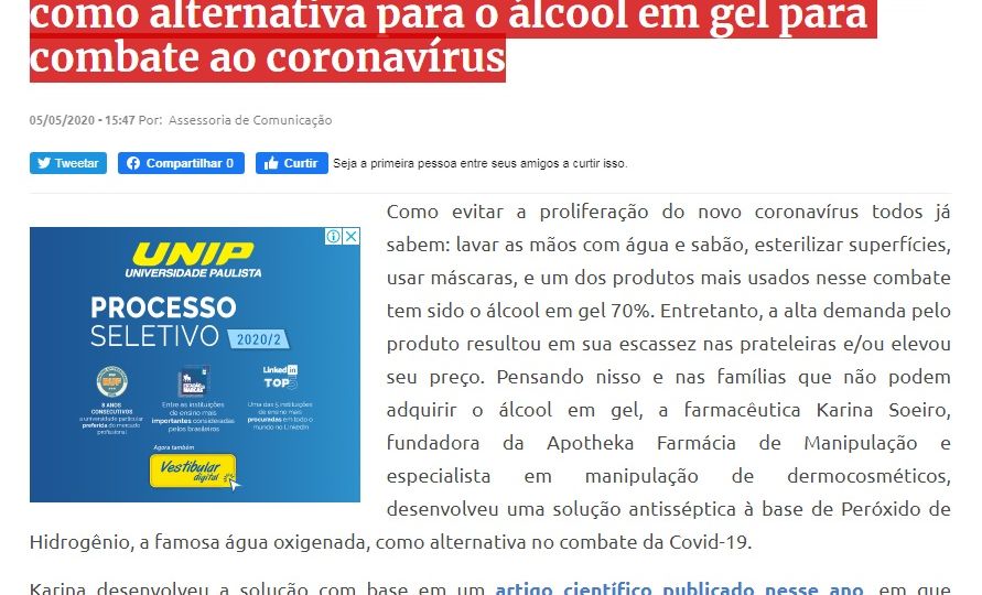 Farmacêutica desenvolve solução antisséptica como alternativa para o álcool em gel para combate ao coronavírus