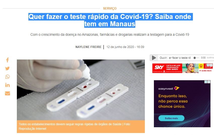 Quer fazer o teste rápido da Covid-19 Saiba onde tem em Manaus